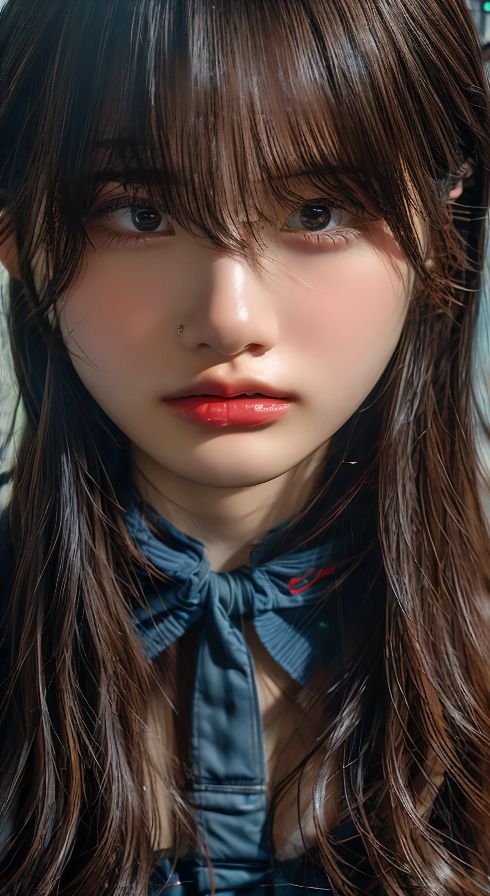 (Highest quality、Tabletop、、Best image quality、Award-winning works)、Extremely cute and lewd high school girl、White polyester collared shirt ripped because her breasts were too big、Short sleeve:1.4)、(Navy Pleated Skirt:1.1)、Girl portrait photography、Glowing Skin、Brown Hair、Are standing、View your viewers、Sculpture Pose、(Classroom Background:1.45)、(Large Breasts:1.8)、Accentuate your body lines:1.1)、Very large red ribbon tie、Very long hair:1.75、((A face begging a man to rape her:1.95))