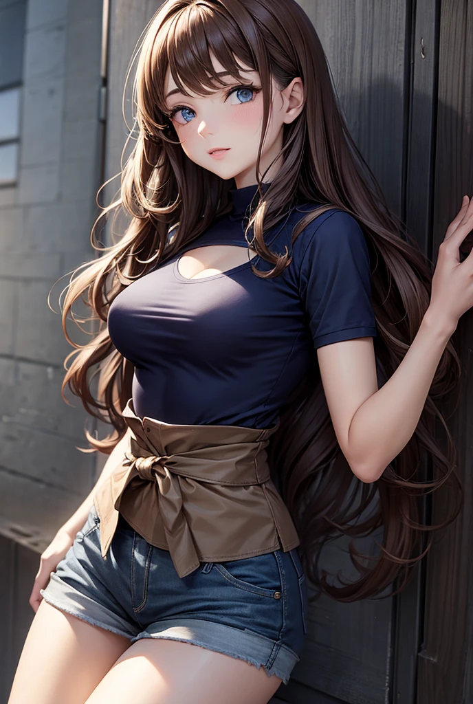 girl with waist-length light brown hair with waves, blue eyes, medium breasts, slim waist casual wear