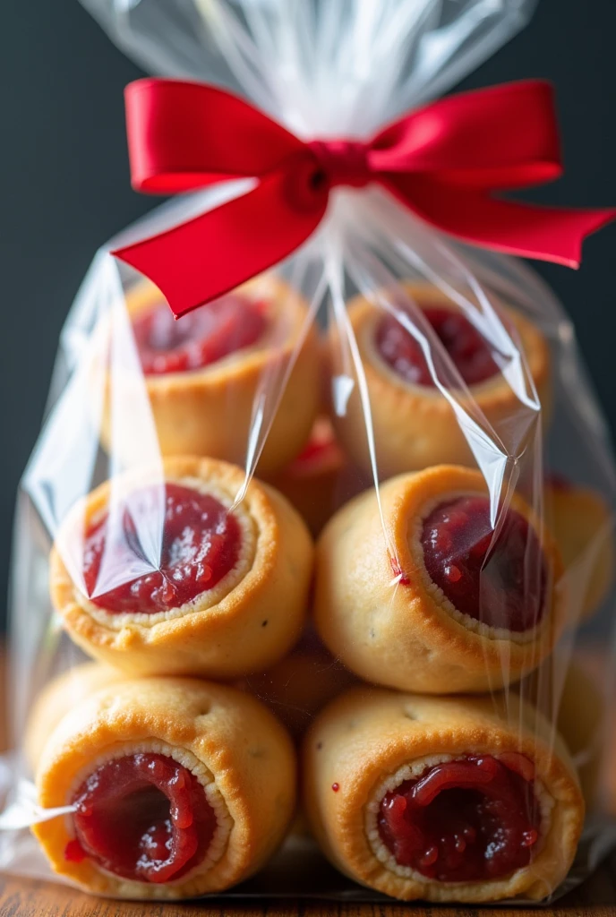 A bag of Brazilian sweet goiabinha (which is a piece of guava paste rolled in a square, flat dough rolled diagonally and baked in the oven) in a plastic bag tied at the end with a red bow. There are 8 units inside the bag.
Make it in the same shape but longer and slightly thinner.