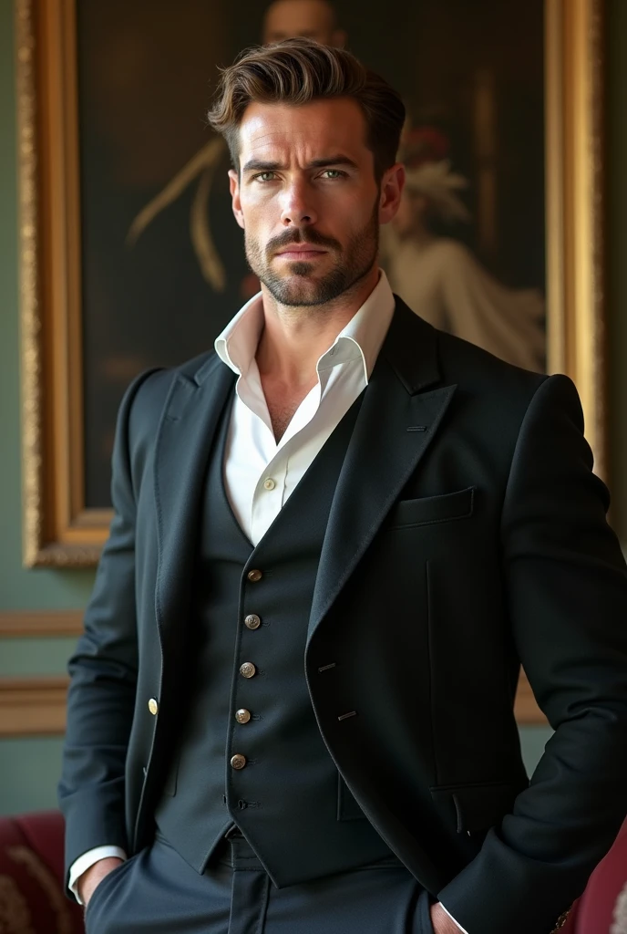 Handsome British man in his 30s Green eyes Brown hair Muscular Looks like Alan Ritschon Lives in 1800