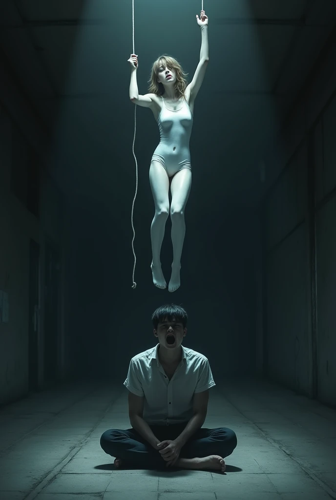 Scene of female student wearing white thigh high socks hanging herself to death ,hovering in the air , a man sitting on the ground in panic