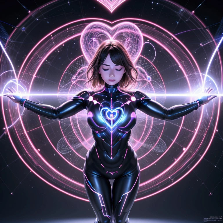 A realistic woman creating a powerful heart brain coherence within her forming an electromagnetic field around her entire body, full body portriat