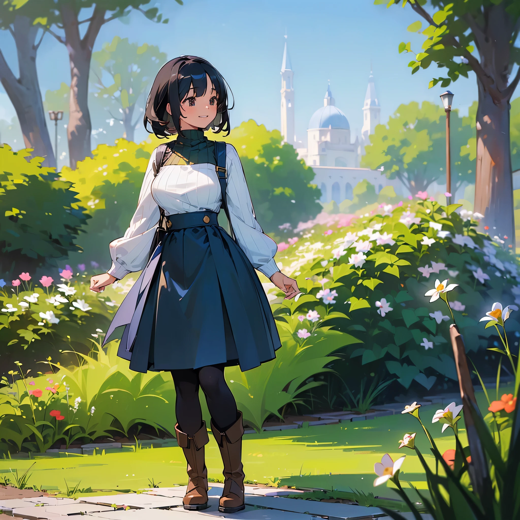 (high quality, High resolution, Very detailed, reality:1.37), Peaceful atmosphere, (Outdoor, garden), Teenage girl standing alone, (my breasts are big.), Beautiful details, Cute Smile, (Black bob hair), Ribbed sweater, Blue Skirt, Black tights, Brown boots.