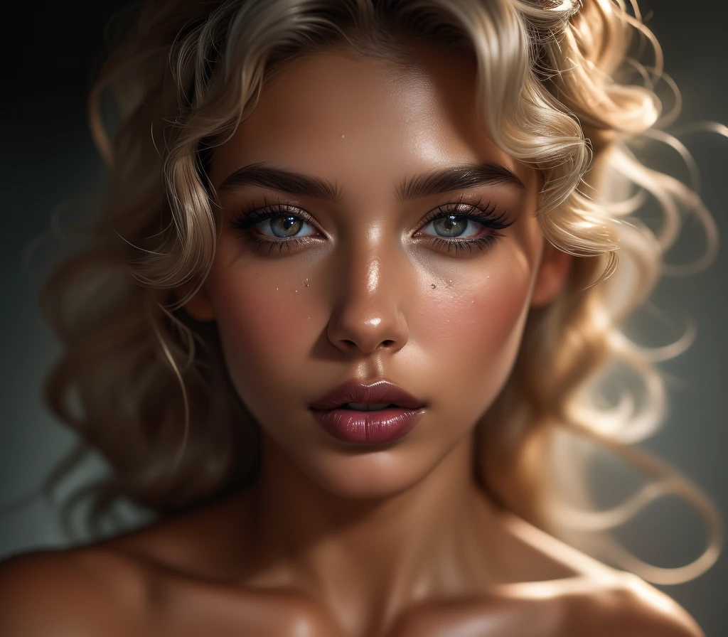 ((hyperrealism)), ((masterpiece)), ((breathtaking)) photo portrait of a gorgeous goddess with voluminous curly blonde hair, huge light grey sparkling eyes, very full luscious lips, ((dark silky skin with ethereal shimmer)), long eyelashes, very long neck, beautiful straight eyebrows, ((angelic beauty))