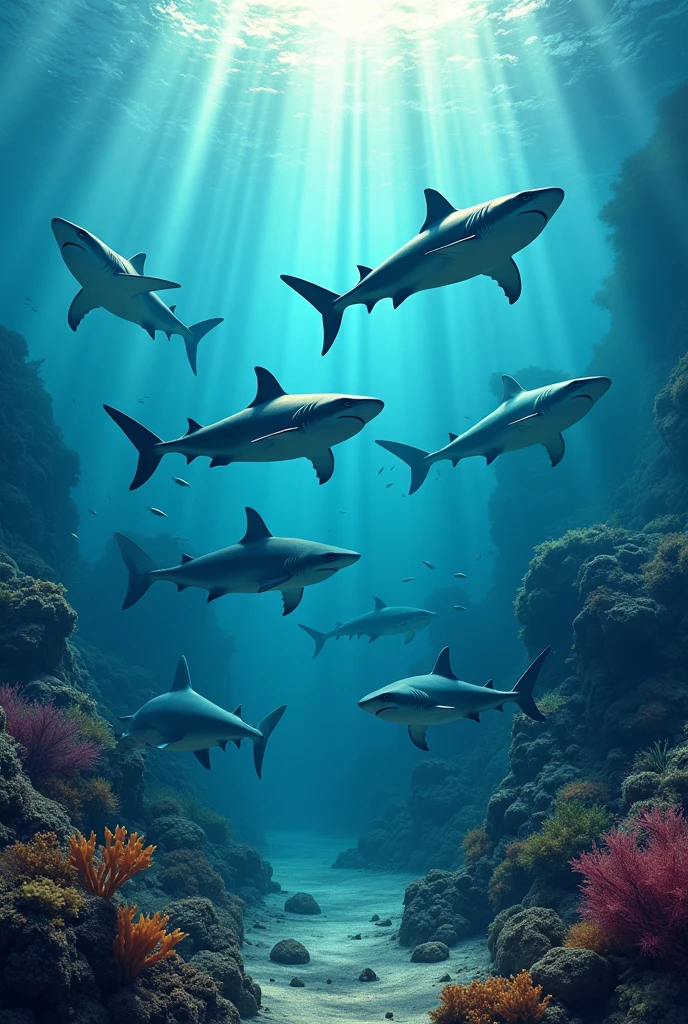 Several species of sharks swimming on the sea floor



