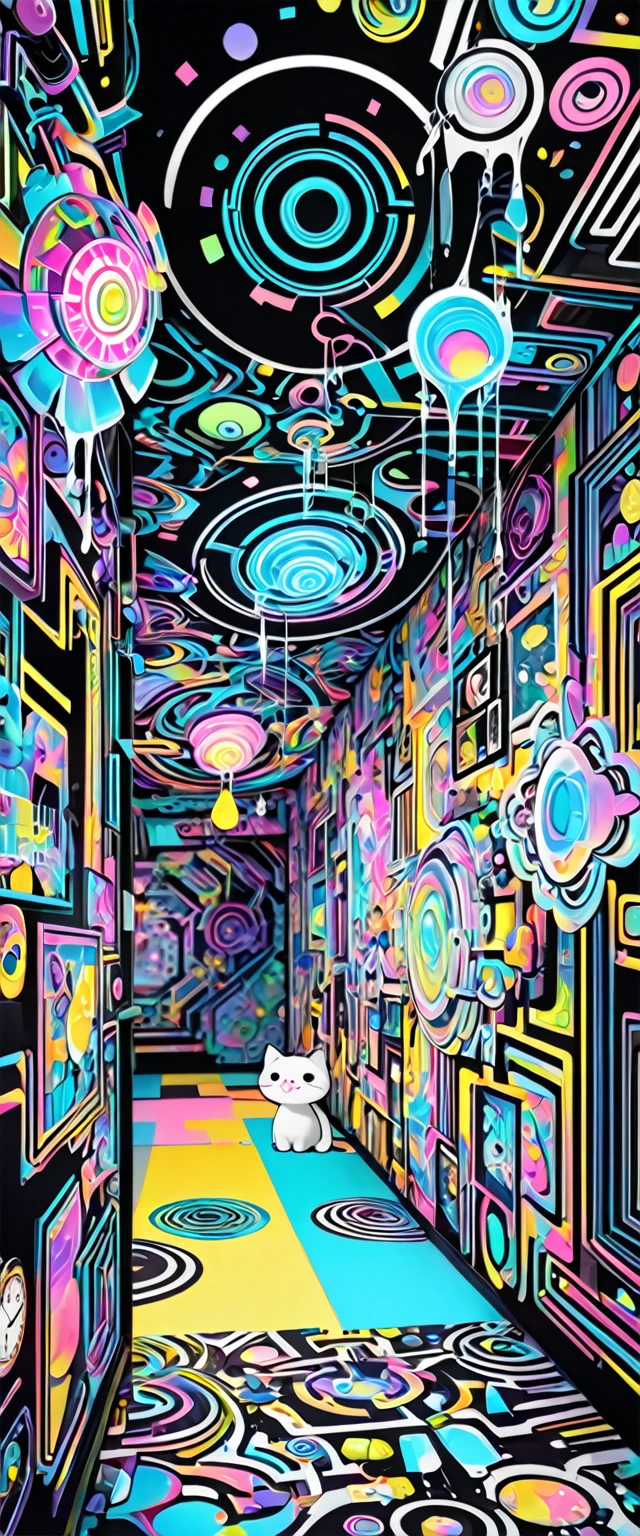 fusion of acrylic and collage paintings, 3D, clockwork, mysterious clockwork space, labyrinth space divided by neon line lights, (dripping fluorescent paint:1.5), iridescent flowers blooming from the point of impact, maze, labyrinth shaped, (chibi girl and cat peeking out from the side, pixar style), black and white and pastel colors, transparent, mysterious and funny high and fine artwork
