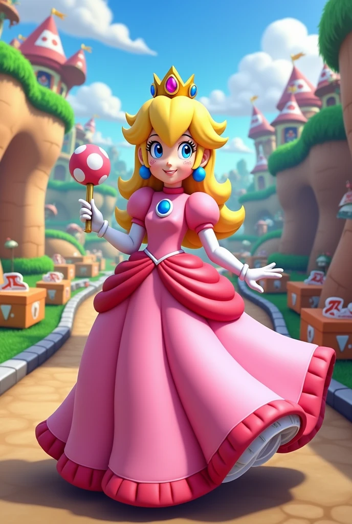 An image for a birthday post, with the theme of MARIO&#39;S PRINCESS PEACH, that you can see the MARIO KARTS landscape, that birthday number 5 be specified, and in the image that says the phrase "HAPPY BIRTHDAY JAELYS KASAHIA"