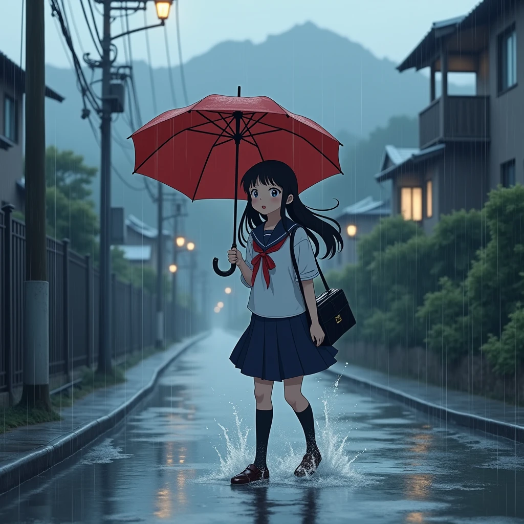 Anime Style, A girl walking down a hill, Walking along the side of the road, Holding an umbrella, Confused expression, Very heavy rain, water droplets on the umbrella, Water splashing on the umbrella, flowing water on the umbrella.
Heavy rain beating against the umbrella.
Uphill, Steep Slope, Slope 45 degrees, steep hill, very sloped road, very sloping ground.
The girl is wearing a white sailor suit with short sleeves and a navy collar, with a blue ribbon., Wearing a navy blue skirt,
Wearing black high socks, Wearing loafers.
Her hair style is low twin tails, with red ribbons, very long length and black.
Not high twin tails.
Not two-side up.
Black School Bag,
Late s, Small breasts, Has dark brown eyes.
Open red umbrella,
splashing water, raindrops,
puddle, Sidewalk, pavement, Japan roads, Hilly Town, building, Apartment, Electric pole, electric wire, Street lamp, Mountain, Mountainの裾野, sky,
Thick Fog, Outdoor, evening, from front.