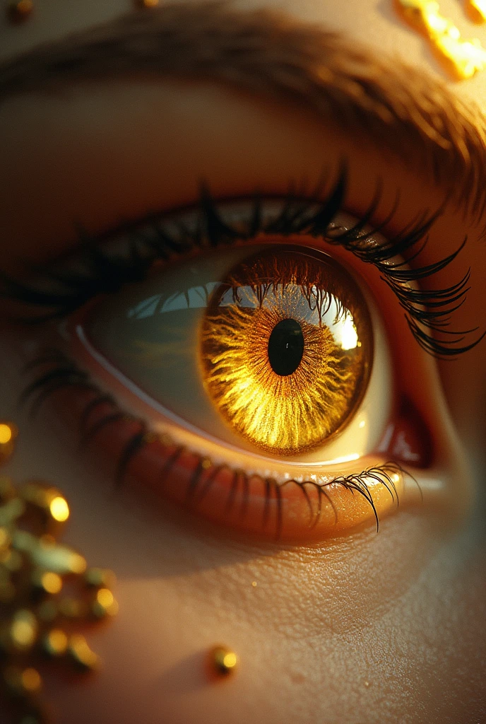 An eye looking at a picture of a golden dragon，Golden dragon reflected in eyes。