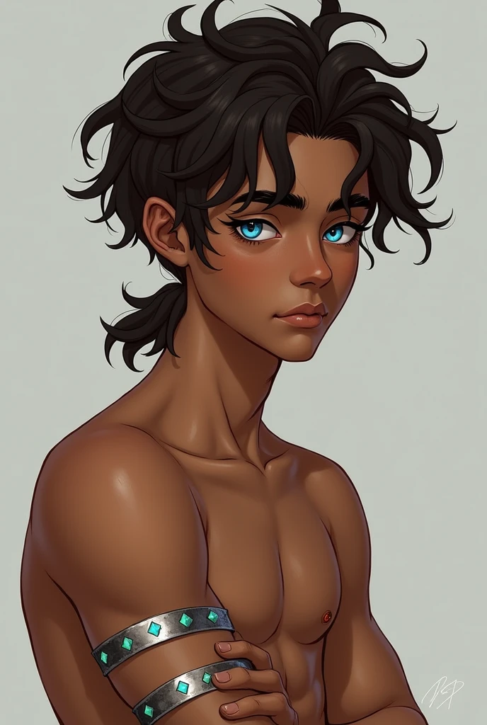 Appearance:Ray is a young man of an average hight and a lean muscular a feminine stature and brown complexion who is almost always seen we He has unruly curly brunette hair of uneven lengths that sticks out In a low messy ponytail at the base of his neck he has Cerise colored irises and dark blue Diamond shaped pupils he appears to be in his early 20s
He wears silver vambrace bracelets