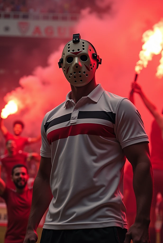 jason voorhees in white polo collar soccer shirt with two stripes below the chest, red and black, with white space between them. Holding flare with red smoke In the background a stadium with red stands. Fans behind with red flares