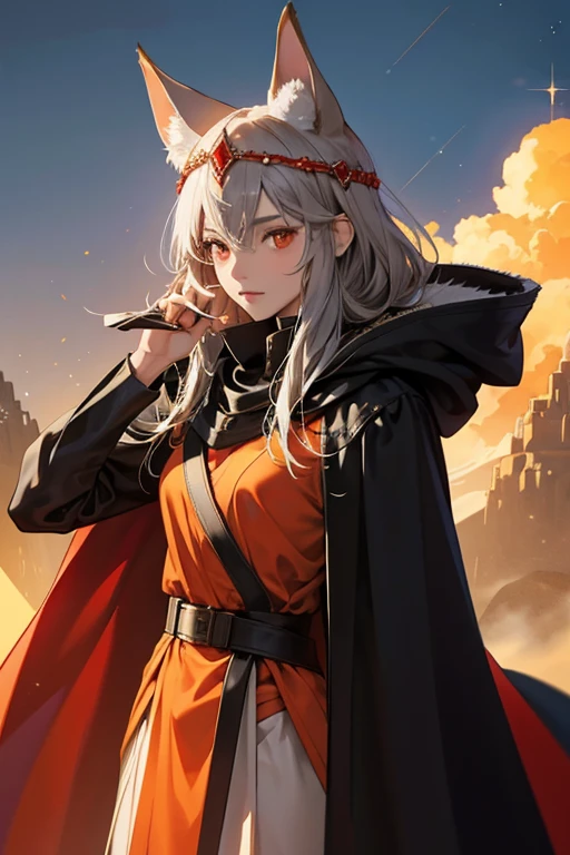 she is with tan skin, red-orange eyes, and medium-length grey hair.  she is depicted wearing a large, black cape including a hood with what looks like jackal ears sewn on it, matching the aforementioned headpiece. Her cape seems to be of inspiration from Northern Africa, showing some similarities with the large capes worn in the Sahara in order to avoid the heat, and to stay protected during sandstorms. SPARKLE; GLITTER