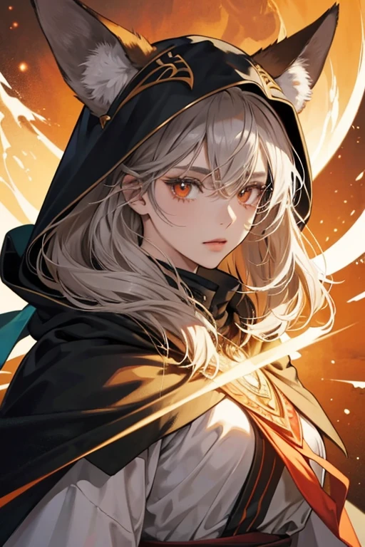 she is with tan skin, red-orange eyes, and medium-length grey hair. she is depicted wearing a large, black cape including a hood with what looks like jackal ears sewn on it, matching the aforementioned headpiece. Her cape seems to be of inspiration from Northern Africa, showing some similarities with the large capes worn in the Sahara in order to avoid the heat, and to stay protected during sandstorms. SPARKLE; GLITTER