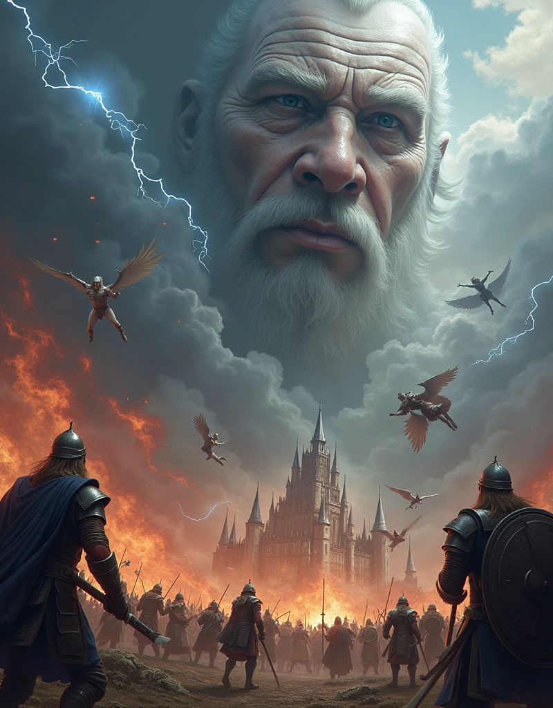 Asgard Castle in Flames, natta, lightning, odin&#39;s face with an eye patch in the clouds, Valkyrie warriors in the sky, viking warriors fighting