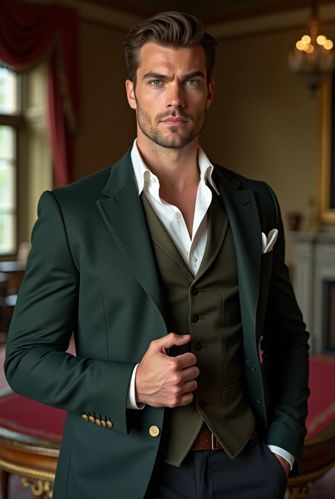 Handsome British man in his 30s Green eyes Brown hair Muscular Looks like Alan Ritschon Lives in 1800