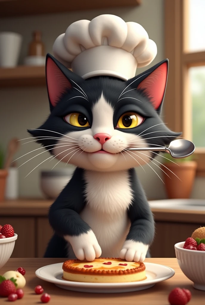 Chet cat making desserts, that the cat&#39;s fur is black and white 