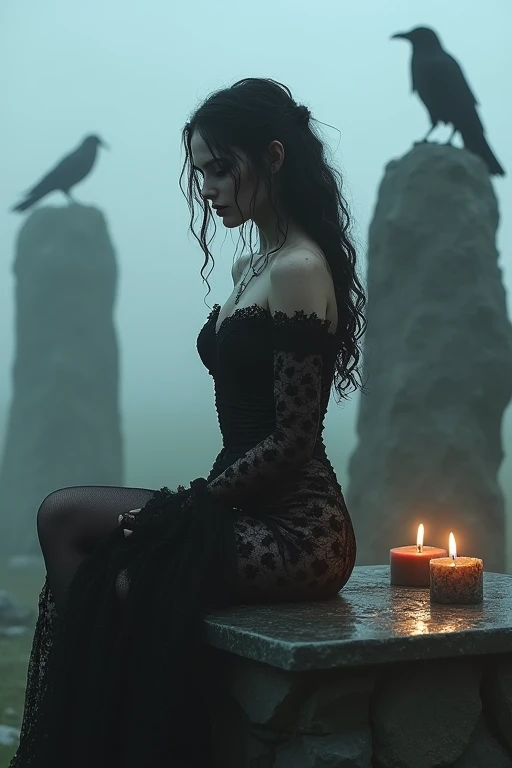 High resolution, masterpiece, necessary, anatomically correct, Awarded many times, The best quality, textured skin, (Beautiful gothic woman. wet curly wavy lush hair) Medieval sexy mesh lace tight dress, lace embroidered gloves, lace pantyhose. Sitting on a stone altar with candles around. Monolithic background in stonehenge formation. evening, misty, Thick fog.