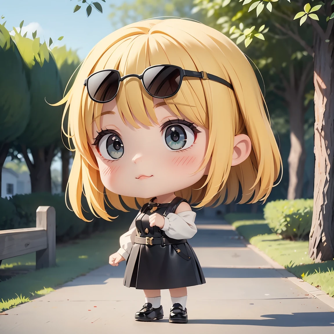 Super Chibi Character:1.8、Blonde Hair、Cute girl、Spy-style costume、Super Chibi Character:1.8、Wearing very large black sunglasses、wear black shoes