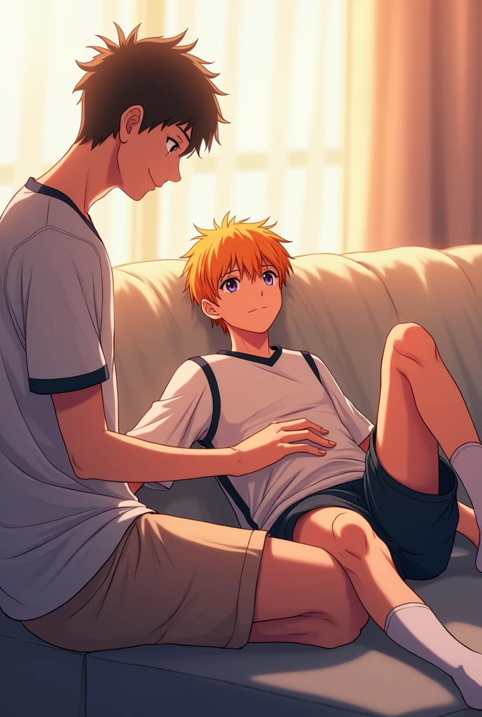 A side view of Kageyama from Haikyuu sitting at the end of a couch, with Shoyo Hinata lying stretched out on the couch, his feet resting on Kageyama's stomach. Kageyama is gently holding Hinata's ankles. Hinata is wearing his Karasuno High School volleyball uniform and white socks that reach his ankles. His eyes, a deep, hypnotic violet, like amethysts, suggest he is under a trance. His gaze is directed towards the ceiling, as if unaware of Kageyama's presence. His signature orange hair is slightly tousled. Kageyama, slightly older, gazes down at Hinata's feet with a knowing smile, as if sharing a secret. The scene is bathed in soft, warm light, creating a peaceful and intimate atmosphere. The artwork should be in the style of the Haikyuu anime, with vibrant colors, dynamic lines, and expressive characters.