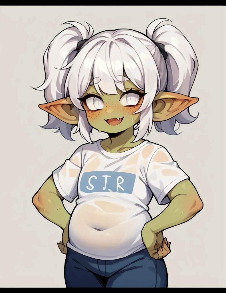 A goblin raping a girl ,stortstack,{{Wearing a white wet translucent T-shirt}}（white  Hair,Double ponytails）,bangs（Heavy sweating）,{{{Open mouth smile}}}，Single hand wave，Hands on hips，blush，Freckles on the face，chubby,white eyes，individual, simple background, 