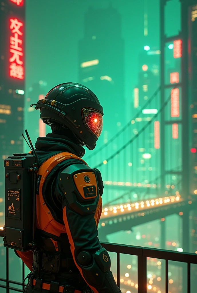 A vibrant cyberpunk metropolis, view from a slightly elevated perspective, bathed in green neon lights, reds and blues that reflect off the polished solar panels of skyscrapers. En el centro de la imagen, a worker with a black and orange ergonomic exoskeleton, with gold details, and a futuristic helmet with HUD displaying real-time safety data. His eyes shine with the reflection of the holographic information he deftly manipulates.: the projects of a suspension bridge