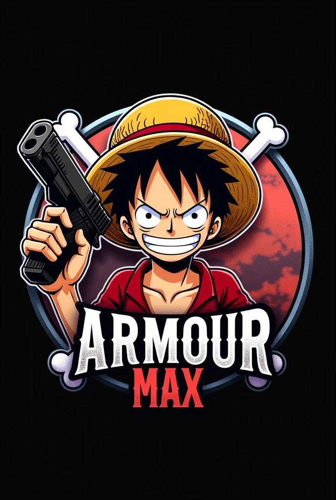 Create a logo using angry monkey d luffy from one pice and holding a gun and in background create a circle and inside that circle create from free fire max game and on the circle write ARMOUR