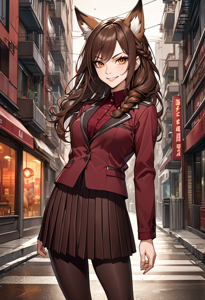 illustration, detailed illustration, ultra detailed, long dark brown hair, braid, 40 year old woman, amber eyes, pretty, mean smile, maroon pleated skirt, maroon shirt, black leggings, black biker jacket, urban background, fox ears