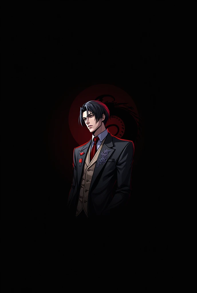 anime man in a suit and tie with a dragon in the background, dragon - inspired suit, by Yang J, human and dragon fusion, handsome japanese demon boy, handsome guy in demon slayer art, epic and classy portrait, trendin on artstation, by Oliver Sin, crimson attire, black and red suit, highly detailed exquisite fanart, handsome male vampire