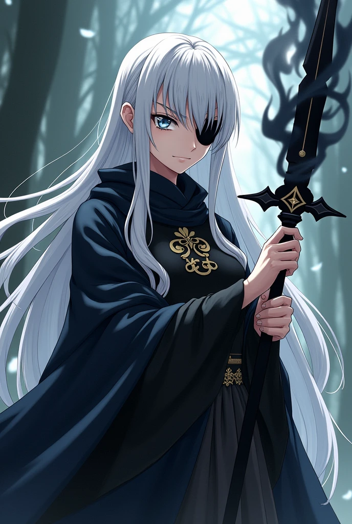 Japanese anime style art: Beautiful woman with long white hair, has silver eyes and wears an eye patch, being a witch wears medieval clothing, carries in one hand a spiral black sword that resembles a spear, has a cold expression and one of his hands has a black flame