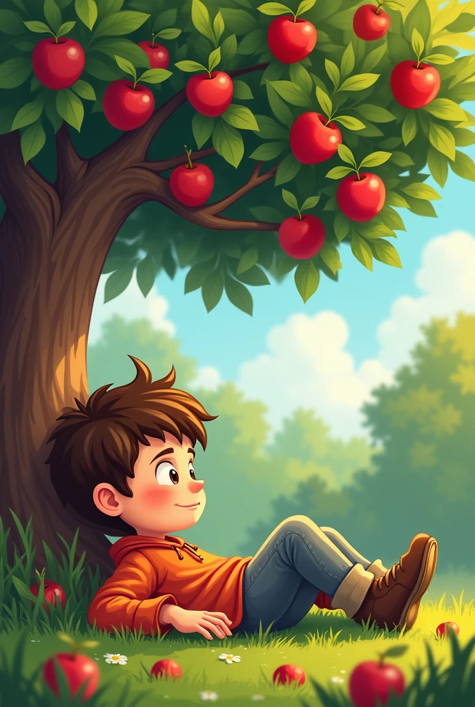 There was a boy named John who was so lazy he couldn’t even change his clothes. One day, he saw the apple tree in their yard was full of fruits. He wanted to eat some apples, but he was too lazy to climb the tree and take the fruits. So he lay down underneath the tree and waited for the fruits to fall off. John waited until he was starving, but the apples never fell.