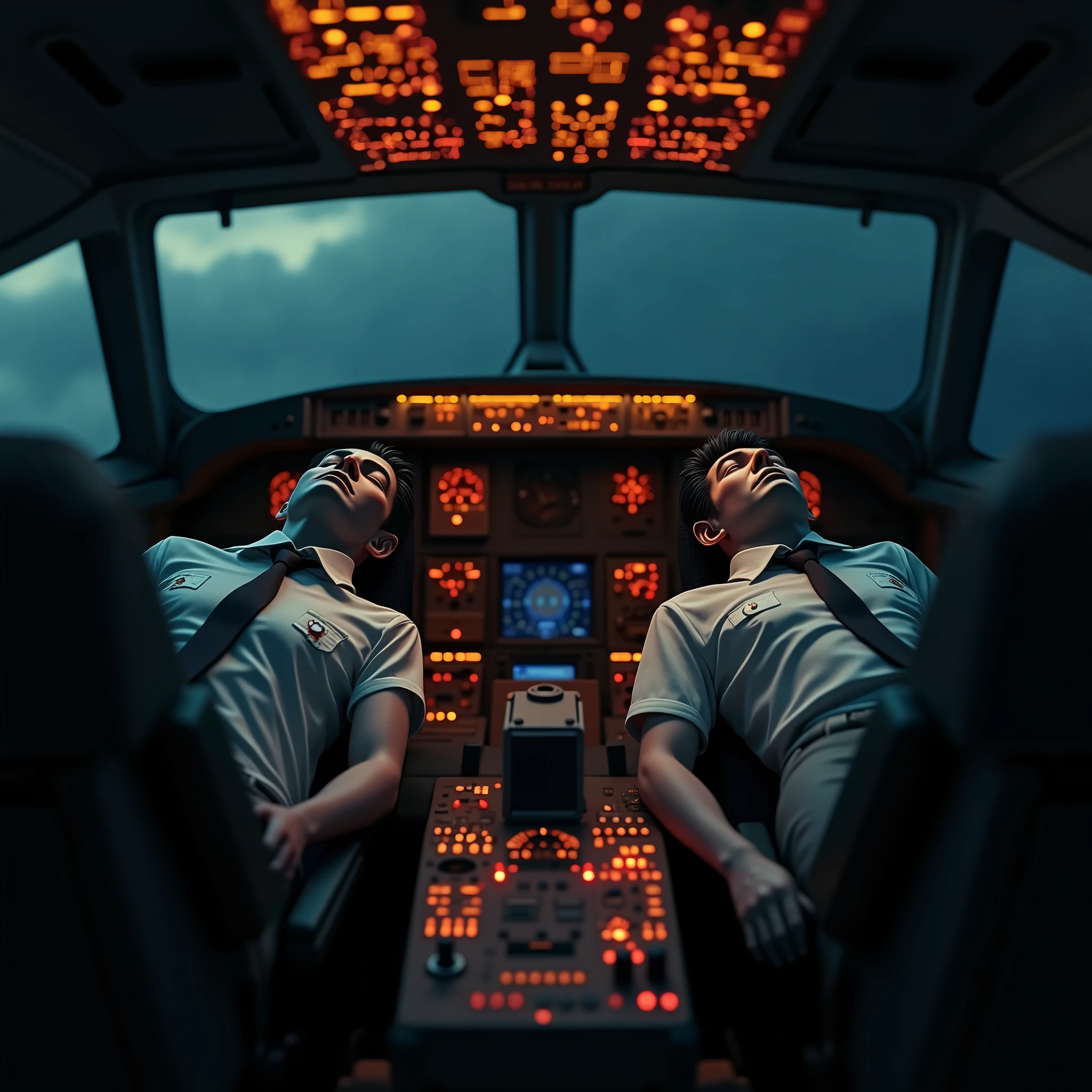 In the dimly lit cockpit of an airplane, the two pilots are visibly dead, slumped lifelessly over the controls. Their bodies are limp, with eyes open and lifeless, skin pale and cold, as eerie shadows accentuate their hollow expressions. The cockpit is filled with a disturbing silence, broken only by the flashing red and yellow warning lights that cast a sinister glow over the scene. The control panel is chaotic, with buttons and switches in disarray, adding to the macabre atmosphere. The overall scene is dark, with a chilling sense of finality and horror, capturing the terrifying reality of the pilots' demise. (extremely detailed CG unit 8K wallpaper, Artwork, best quality, ultra-detailed, hdr:1.2, dark and terrifying atmosphere, eerie lighting, horror vibes)