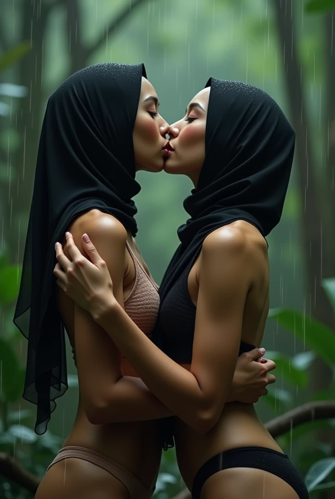 close up kissing beautiful hijab asian lesbian girl laying down,bra and panties,in the Wood,kiss,lesbian sex,raining,looking to the viewer