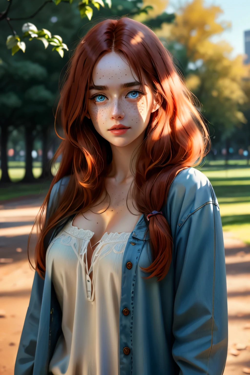 a one woman, long straight red hair, of the whole glass, perfectbody, muslos grandes, blue colored eyes, (WLOP Style), freckles on the face, face detailed, standing, in a park, ray tracing, high resolution, super detaill, 8k, Overview