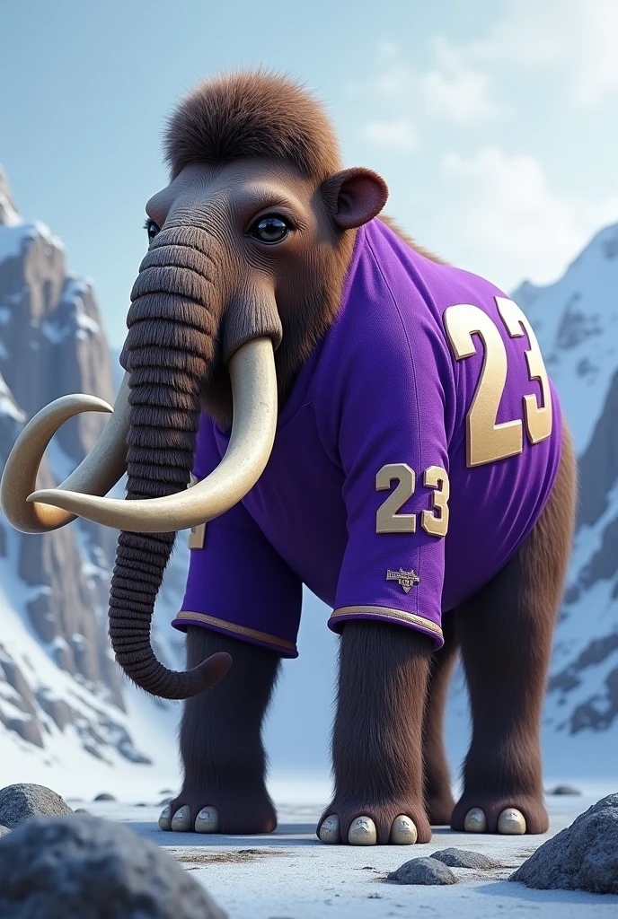 A mammoth wearing a purple soccer jersey with the number 23 on it