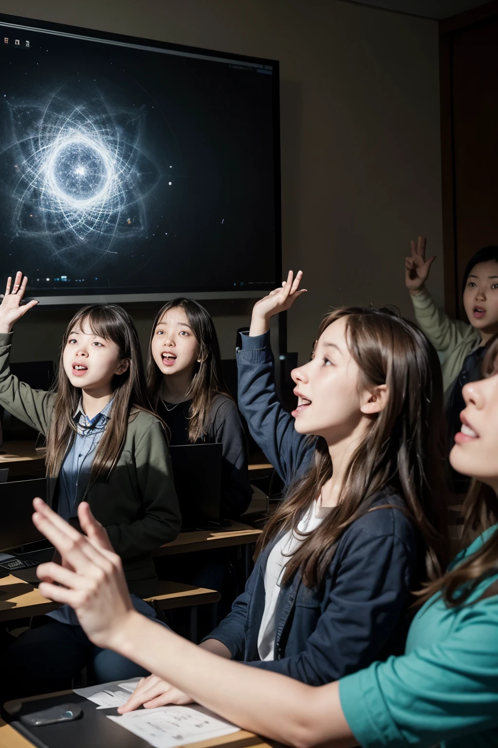 A group of students in a math lab, staring in fascination at an animated projection of a fractal or a colorful mathematical graph. Some students have expressions of surprise and interest, while others raise their hands, showing enthusiasm and curiosity.