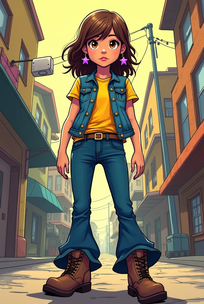 a girl, She has brown eyes, light brown hair, wears purple star-shaped earrings, has a denim vest with a yellow t-shirt underneath, dark blue bell-bottom pants and boots, comic book style drawing: Scott Pilgrim do autor Bryan Lee O'Malley.