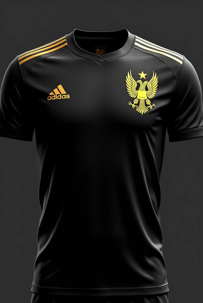 Black football shirt with an imperial eagle shield in the upper right corner with a gold color with gold details