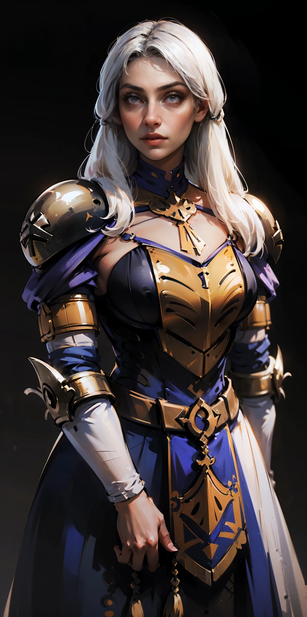 (black background) 1soloefemale, low angle, from below, paladin templar lady in white tabard, correct anatomy, epic fantasy digital art, tmasterpiece, 8k, high definition resolution, detailed drawing, superior quality, epic composition, female muscular body cover breastplate, muscular turned arms behind body
