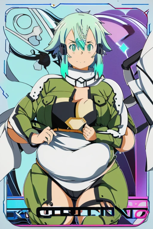 a close up image of an anime girl, (EPsoaSinon), (((ssbbw))), chubby, extremely detailed face, (detailed eyes), stares at the viewer, smile, ((large breasts)), (((extremely wide thighs))), round belly, (((very tight outfit))), simple background, cyberpunk background, (((hyper bottom heavy))), overhanging breasts,