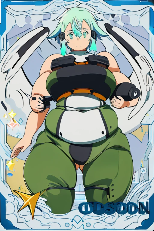a close up image of an anime girl, (EPsoaSinon), (((ssbbw))), chubby, extremely detailed face, (detailed eyes), stares at the viewer, smile, ((large breasts)), (((extremely wide thighs))), round belly, (((very tight outfit))), simple background, cyberpunk background, (((hyper bottom heavy))), overhanging breasts,