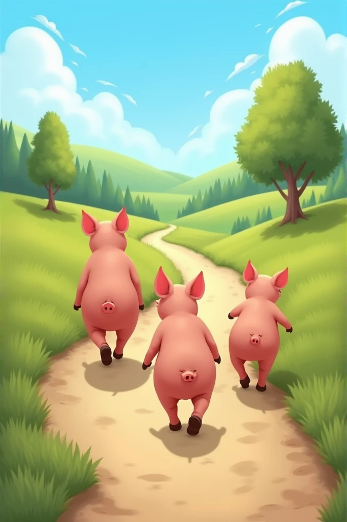 The three little pigs walking away on a path backwards , easy to color