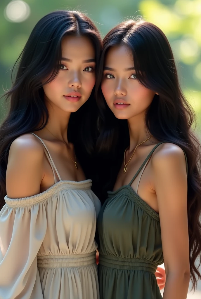 Realistic full body photo of a beautiful 2 woman, long black hair, blue eyes, wears sexy casual clothes.