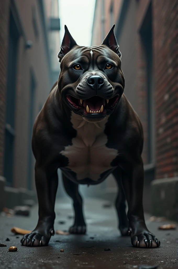 A powerful Pit Bull with a full, muscular build, showing an aggressive, snarling expression. The dog’s well-defined muscles are prominent as it stands in a tense, defensive posture in a dark, gritty urban alley.”