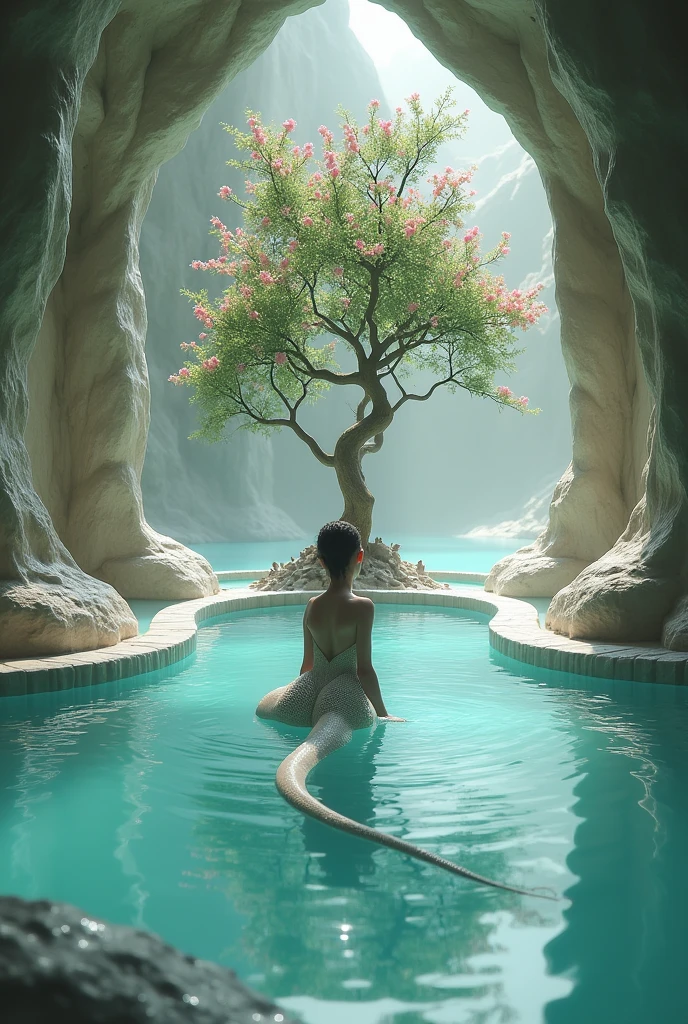 A female reptilian with a slender body and white scales, bathes in a large pool made of octagonal shaped rough diamond crystal, in the center of it a sacred tree that grew naturally, with pink flowers and long branches that touch the pool water.
This piacina is located inside a huge cave in