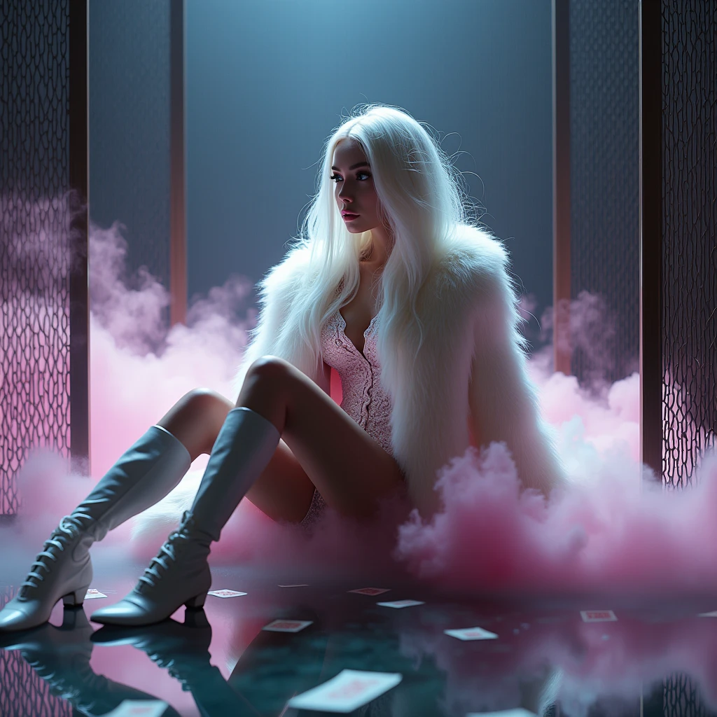 A woman with long white hair,She will wear a very luxurious velvet dress and a white fur coat,a white futuristic boot, the black background and there will be pink smoke,I want Y2K XOXO written on the background ,I want her without sensuality posing inside the cage,I want water on the floor with several love letters,I want her posing like a model, show the image from afar,I want her beautiful like a model