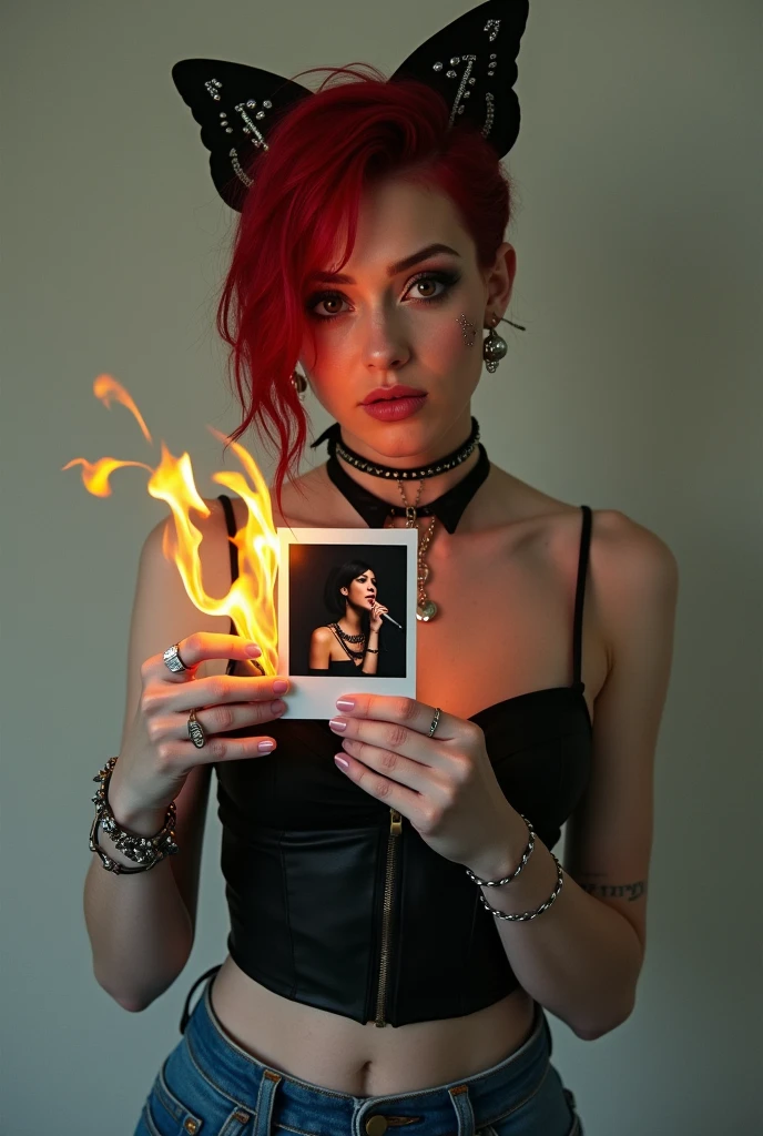can you create me a realistic image of a red haired girl with a long butterfly cut brown eyes wearing blue jeans and black corset with piercings. Burning a Polaroid picture of a girl with a microphone singing with black hair