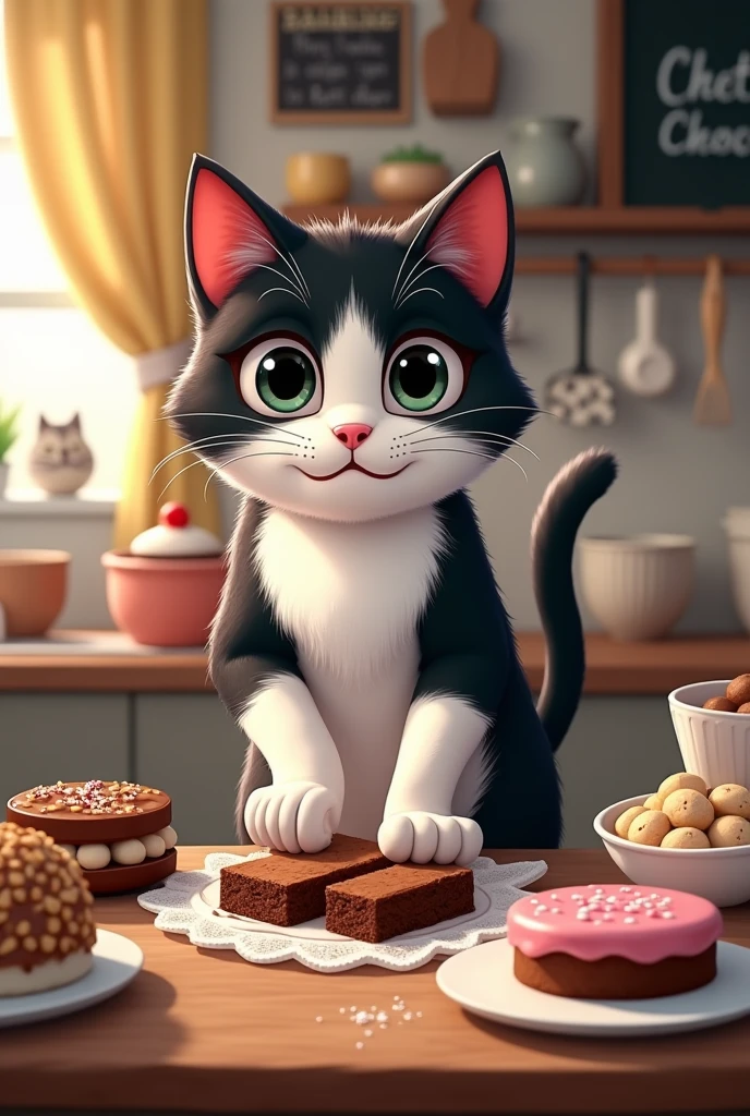 Chet cat making desserts, brownies, cookies that the cat&#39;s fur is black and white 