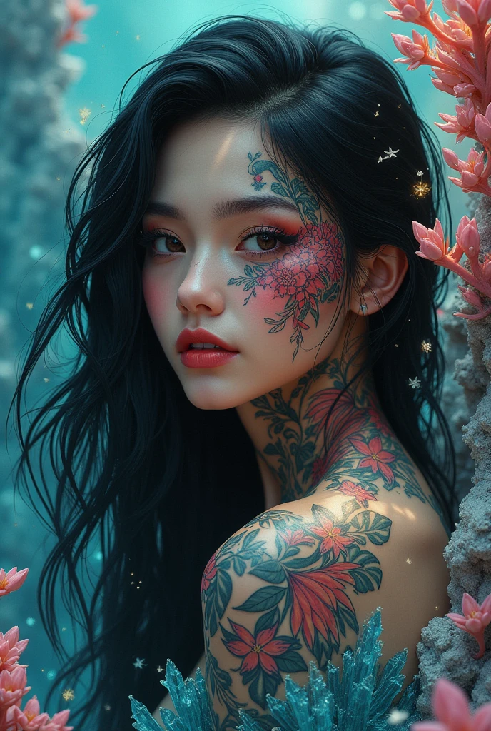 crystal style art, full body a very beautiful attractive woman with black hair, happy smile, inspired by Ryan Barger, fantasy art, sakimichan frank franzzeta, a woman's face is one third covered with impressive unique tattoos, greg rutkowski, beautifully infected, gamora, vivid colors surreal intricate details 8k