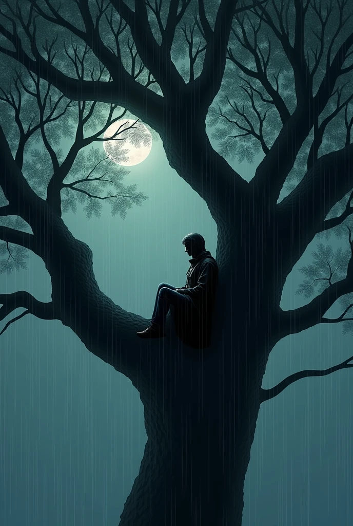 A man in a tree, that it is night and that it is raining