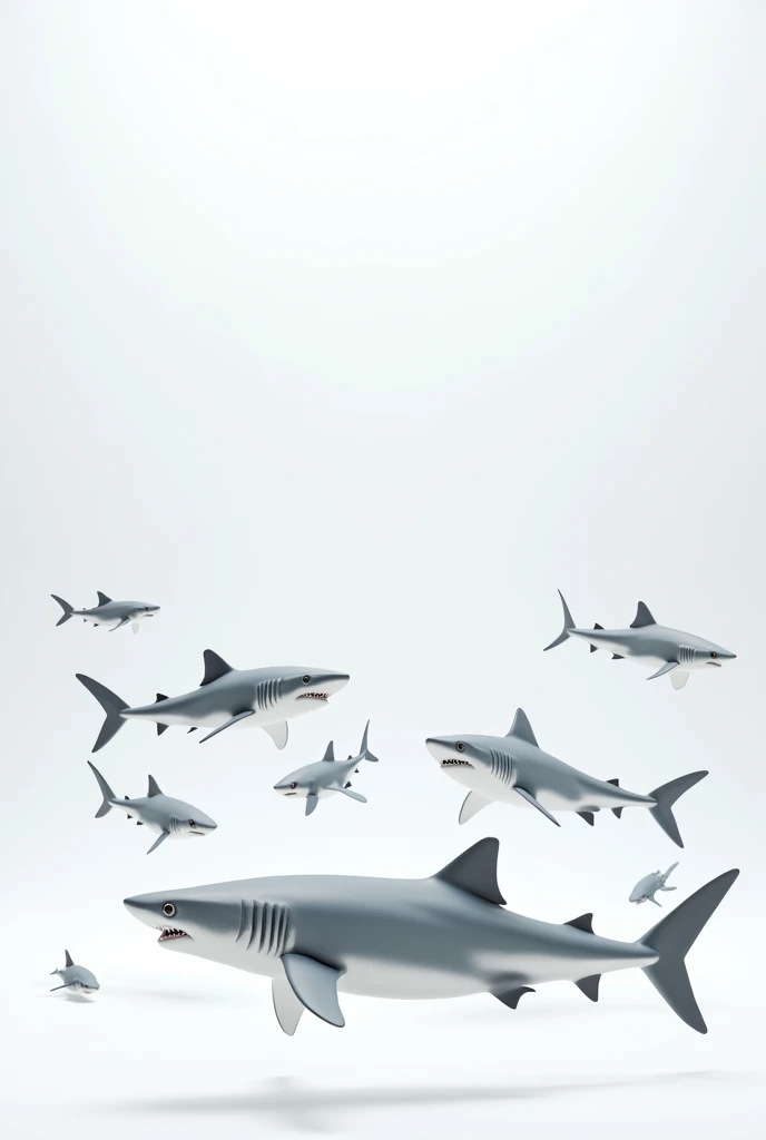 various types of 3d sharks swimming with a white background